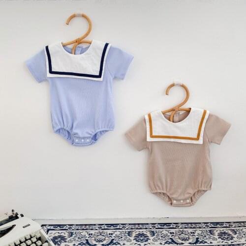 Newborn Baby Romper Girls Summer Navy Collar Short Sleeves Jumpsuit Sailor For Boys Infant Toddler Cotton Clothes Solid Sunsuit