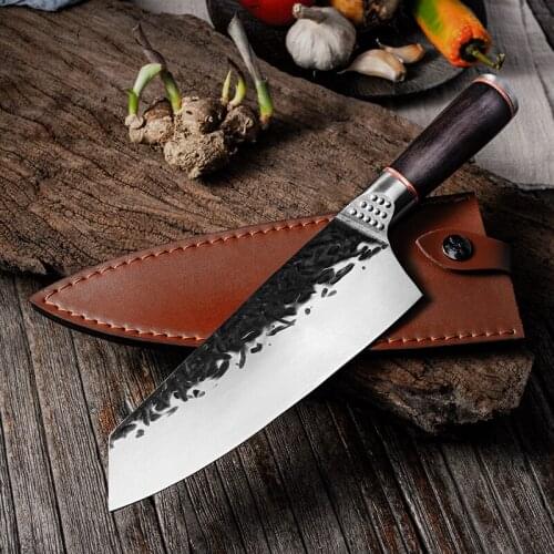 Handmade Forged Hammer Shaped Kitchen Slicing Knives Stainless Steel Multifunctional Chef Special Knife Wooden Handle Cutter