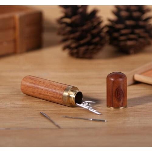 Round Mahogany Needle Cylinder Hand Sewing Needles Wood Box Embroidery Mending Holder Bottle Weave Container Tools For Sewing