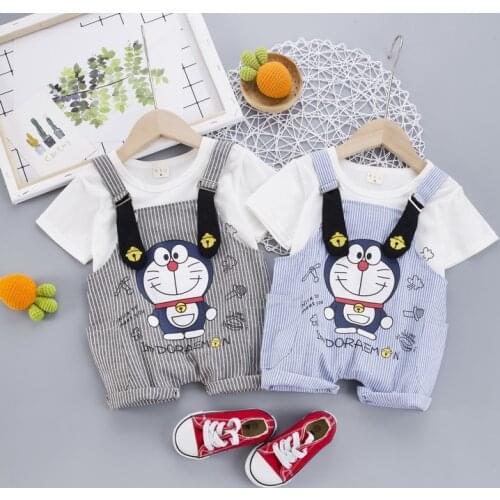 Baby Girls Boys Summer Cartoon Doraemon Sets Clothes Children Cotton T-Shirt+Rompers Overalls Suits Toddle Kids Fashion Costume