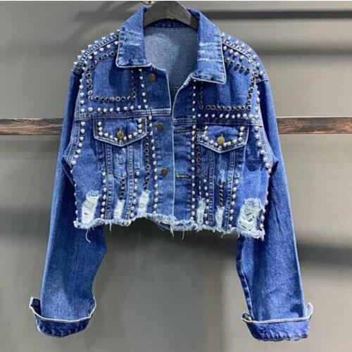 Heavy industry rivets fashion diamond ripped denim jacket women loose casual all-match cool outwear