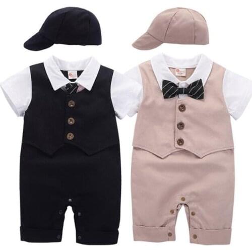 New 2021 Newborn Kids Boys Gentleman Jumpsuits Clothes + Hat Summer Baby Boys Rompers Short Sleeve Children Rompers