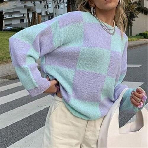 2021 New Girls Long Sleeve Knitwear Autumn Winter Ladies Double Color Plaid Round Collar Loose Knitted Tops Casual Sweaters