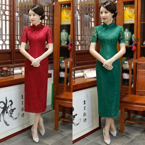 2021 Spring New Womens Cheongsam Dress Improved Cheongsam Lace Retro Daily Chinese Style Etiquette Qipao Chinese Wedding Dress
