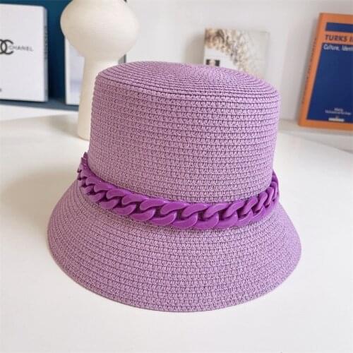 Female Straw Hat for Women Summer Sun Protection Bucket Hats Candy Color Chain Ladies Caps High Quality Fashion Colorful Cap