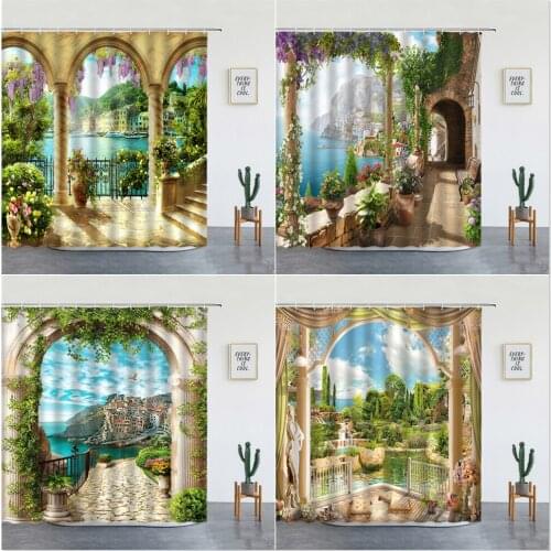Viewing Platform Shower Curtains Set Beautiful Landscape Ancient Rome Middle Ages Mountain Forest Castle Bathroom Decor Screen
