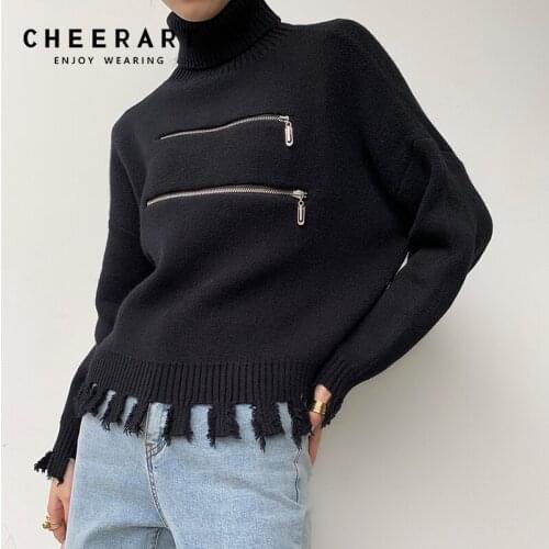 CHEERART Turtleneck Sweaters For Women Fashion Pullovers Fall 2021 Black Fringe Roll Neck Knit Sweater Knitwear Desinger Clothes
