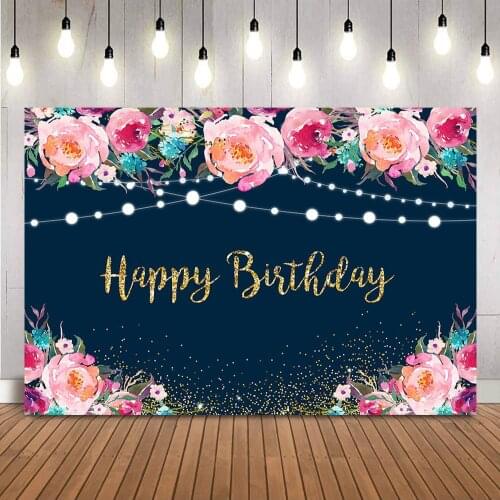Navy Blue Birthday Backdrop Pink Floral Photo Background Adult Birthday Party Girls 30th 40th 50th 60th Cake Table Decor Banner