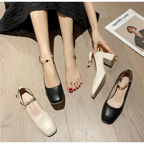 Fashion buckle thick heel Mary Jane shoes 2021 new autumn high heels mid-heel shallow square toe shoes