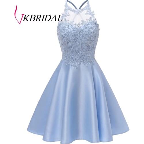 VKbridal A-line Satin Short Prom Graduation Party Gowns with Pockets Mini Length Cross Back Crystal Lace Homecoming Dresses 2019
