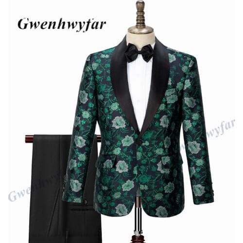 Gwenhwyfar High Quality Men Suits Green Floral Embroidery Jacquard Black Shawl Lapel One Button with Black Pants Costume Homme