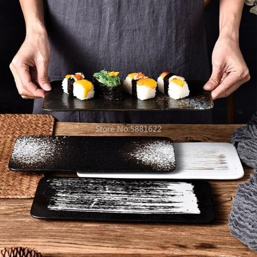 Japanese Ceramic Sushi Plate Creative Black Personality Rectangular Flat Plate Japanese Cuisine Dessert Plate Cake Set Plate