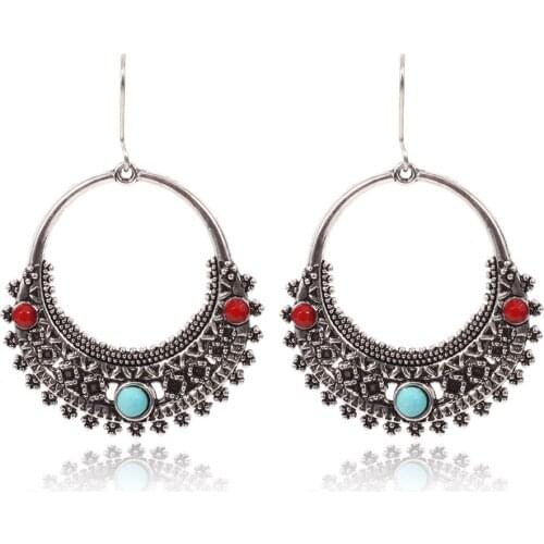 HC Vintage Silver Color Round Drop Statement Earrings Women Bohemian Enamel Flower Carved Antique Earrings Girl Boho Earrings F