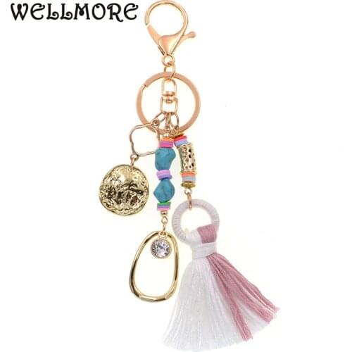 WELLMORE 6 colors bohemia Key Chains for women stone beads tassel Key Chain Girl Bag Keychain fashion jewelry wholesale