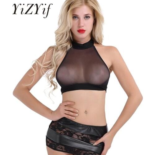 YiZYiF Mesh Women Crop Top See-through Bra wetlook Top T Shirts Sexy Halter Neck Top women Backless Sheer Mesh Slim Fit Tank Top
