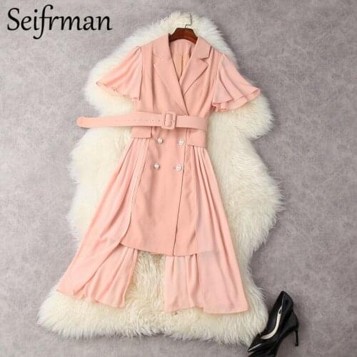 Seifrmann New 2021 Summer Women Fashion Designer Asymmetrical Dress Flare Sleeve Sashes Double Breasted Solid Printed Dresses