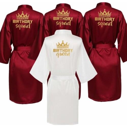 Birthday Party Queen&Squad Robes Satin Pajamas Robe Dressing Gown Pajamas gold writing kimono robe