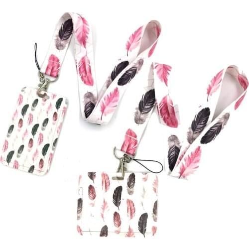 Black Pink Leaves Feathers Key lanyard Car KeyChain ID Card Pass Gym Mobile Phone Badge Kids Key Ring Holder Jewelry Decorations