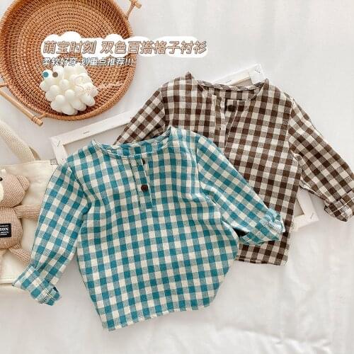 Baby Girl and Boy Plaid Shirt 2021 Spring New Girl Long-Sleeved Blouse Childrens Doll Collar Shirt Kids Fall Pullover Clothes