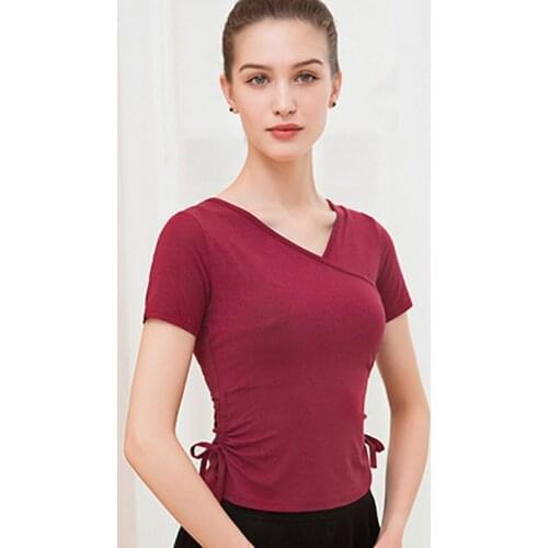 Dance Practice Clothes Female Folk Latin Black Classical Teacher Costume Modal Short-Sleeved Solid Side Drawstring Tops Bodysuit