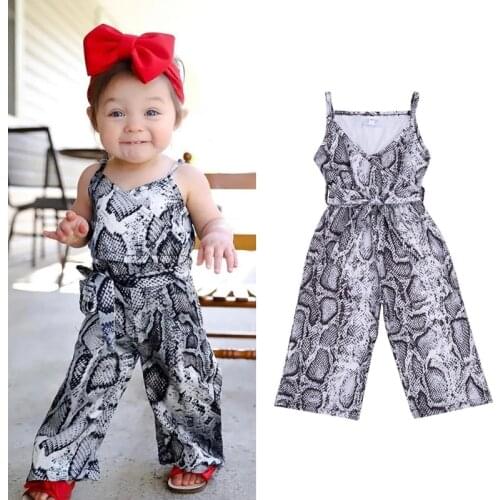 1-6Y Fashion Kids Girls Overalls Rompers Snakeskin Print Sleeveless Belt V Neck Jumpsuits Summer Outfits