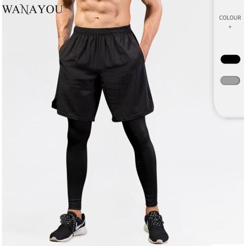 Mens Running Fitness Tight Pants Fake Two-piece Training Sweatpant Elastic Quick-drying Trousers Breathable Male Sport Pants