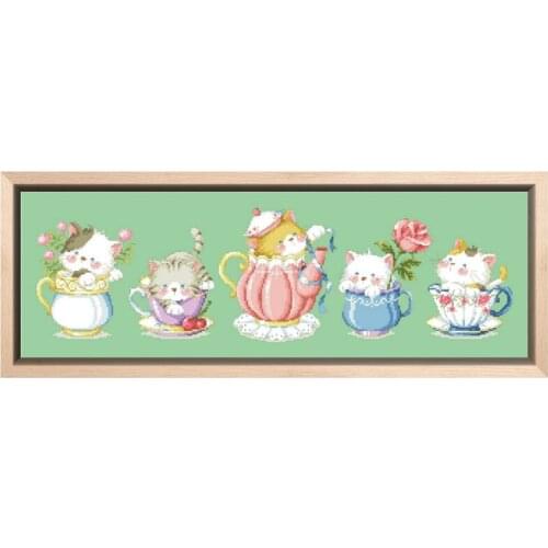 Tea cat cross stitch kits plants aida fabric 14ct green canvas cotton thread embroidery kits DIY craft set