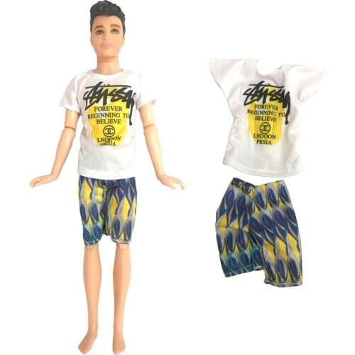 NK 1 Pcs Princ Doll outfit Fashion Pattern Shirt + Ripple Shorts Pants For Ken Doll Casual Clothes Men Toys Baby Gift