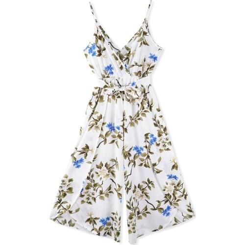Neatie kiddie Sexy Bohemian Floral Print Strap Jumpsuit Women Long Romper V-neck Wide Leg Split Sleeveless Summer Loose Jumpsuit