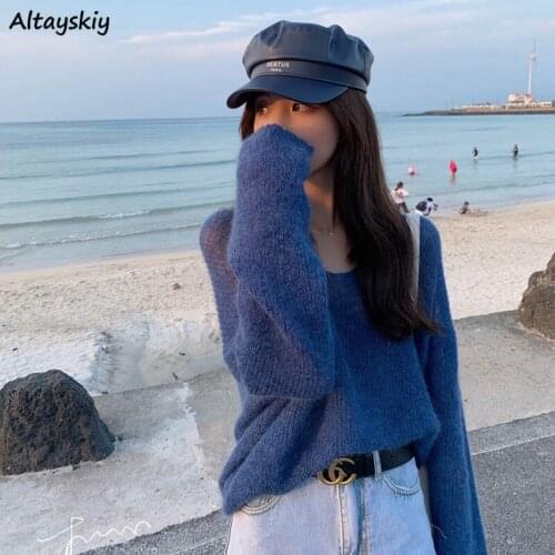 Pullovers Women Trendy Soft Candy Colors Sweaters Sexy V-neck Loose Spring Autumn All-match Long Sleeve See-Through Elegant Chic