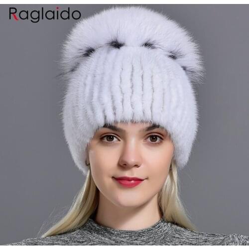 Raglaido Brand Luxury Hats Women Mink Knittd Real Fur Cap Hand sewing Winter Beanies cap Natural fur Snow Hat elastic LQ11213