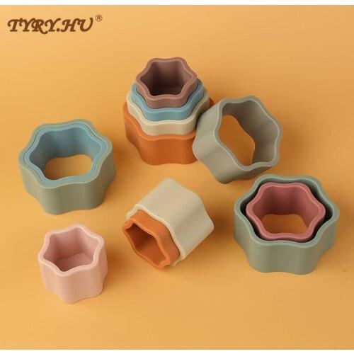 TYRY.HU Silicone Flower Building Block Silicone Teether Soft Jenga Building Blocks 3D Folding Educational Game Toy BPA Free