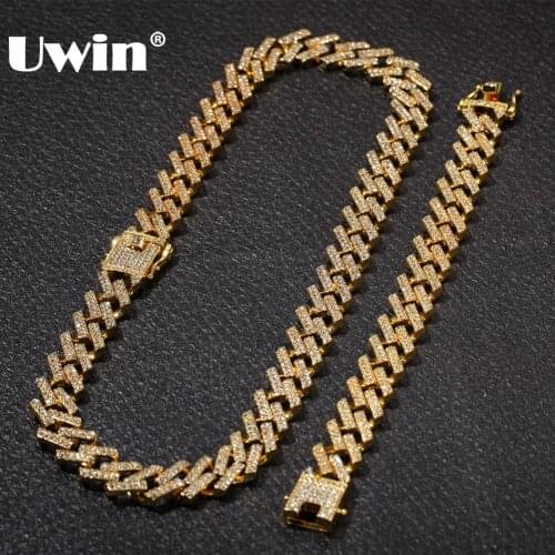 UWIN NE+BA Fashion Jewelry Necklaces & Bracelets 15mm Fashion Gold Color Iced Out 2 Row Prong Cuban Link Chains For Men Women