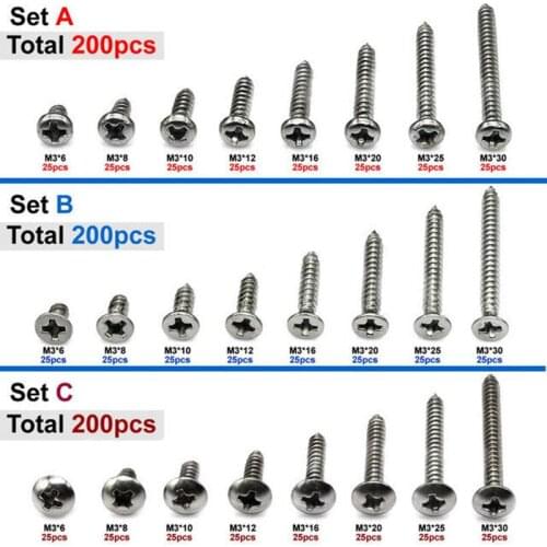 Screws,200 Pcs M3 Stainless Steel Pan Head/Flat Head/Truss Head Screws Cross Drive Pan Head Self-Tapping