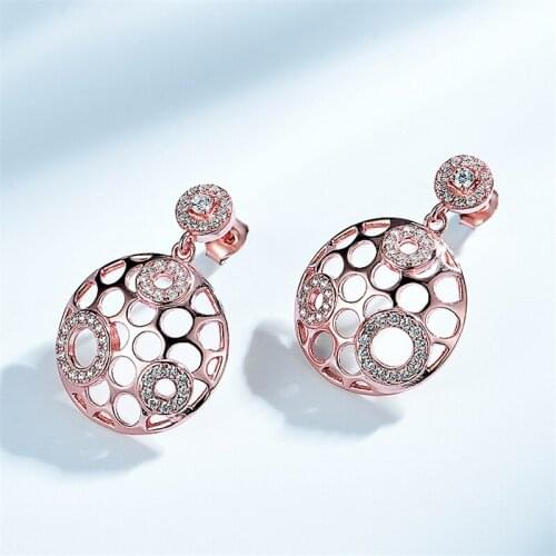 Dangle Drop Rose Gold Plated Round Micro Pave Clear CZ Hollow Earring Women Real 925 Sterling Sliver Earring Fine Jewelry