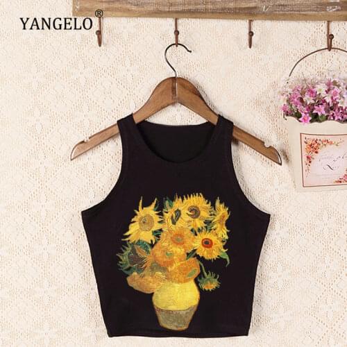 Yangelo Vincent Van Gogh Sunflowers Printed T-shirt Women 2020 New Art Aesthetic Crew Neck Cotton Casual Summer Tee Tops Girl