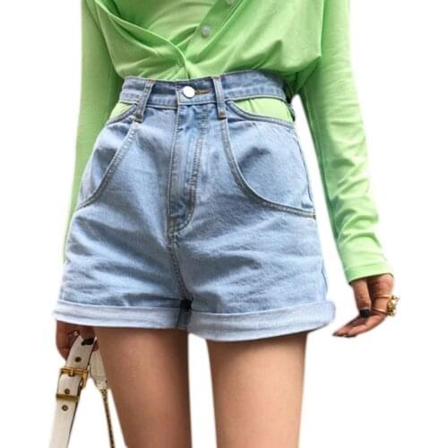 Korean Women Sexy Hollow Out High Waist Denim Shorts Cut Off Sides Wide Leg Rolled Hem Light Blue Lady Bottom Streetwear