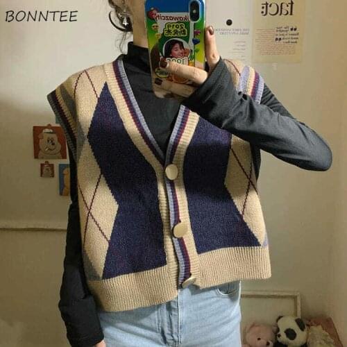 Vintage Sweater Vest Women Autumn Basic Harajuku Lovely Ulzzang Preppy Girl Sleeveless Sweaters All-match V-neck Female Knitwear