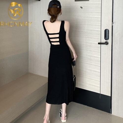 Womens Summer 2021 New Design Fashion Backless Spaghetti Strap Knitted Dress Versatile Slim Mid Length Pencil Wrap Dress