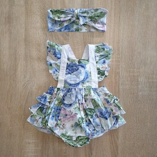 2021 Summer 100% Cotton Infant Baby Leotard Floral Print Backless Baby Rompers with Headbands Original pinafore style romper