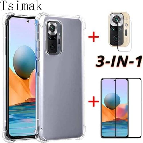 3-in-1/Silicone Cover For Xiaomi Poco F3 M3 X3 Nfc Case Redmi Note 10 Pro Max 9 9A 9C 9T 9S 10S Tempered Glass Screen Protector