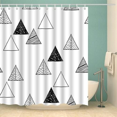 White Triangle Pattern Shower Curtain Set with 12 Hooks Natural Plants Bathroom Decoration Washable Polyester Fabric