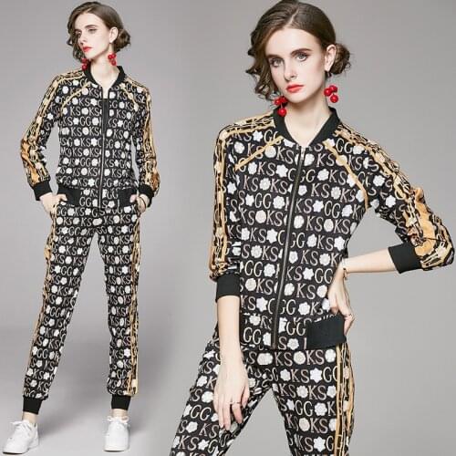 2020 Autumn Female Vintage Letter Print Baseball Bomber Zipper Jacket Women Tops and Pencil Jogging Pants Suits Two Piece Sets