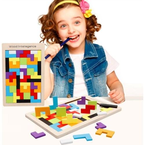 Children educational montessori puzzle wood tetris game puzzle geometric shape slide flash memory building puzzle children toys