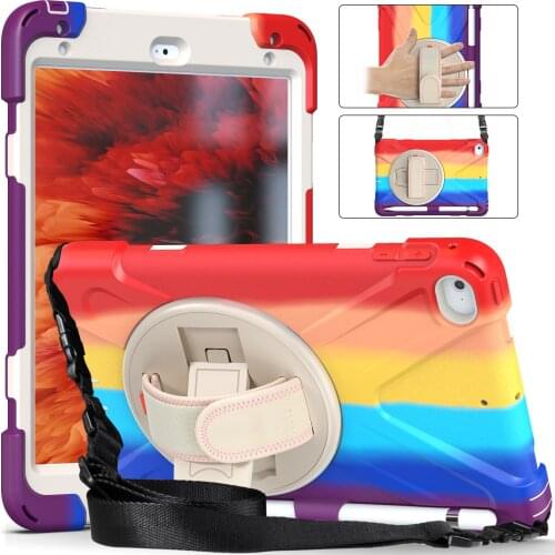 For iPad Mini 5 4 Colorful Rainbow Armor Silicone Hybrid PC Heavy Duty Case Cover with Hand Strap + Oblique Shoulder Strap