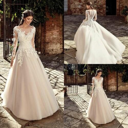 Eddy K Wedding Dresses Jewel Neck A Line Illusion Lace Appliqued Beach Wedding Dress Floor Length Long Sleeve Bridal Gowns