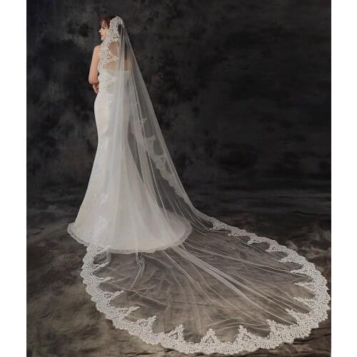 Real Photo 3m One Layer Wedding Veil With Comb Lace Edge Bridal Veils Ivory Appliqued Long Cathedral Wedding Veil