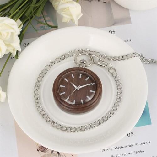 Natural Simple Walnut Wood Quartz Pocket Watch Open Face Luminous Hands Black Scale Dial Pendant Wooden Timepiece Silver Fob