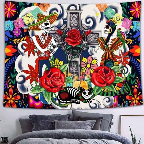 Mexican Day Of The Dead Tapestry Sugar Skull Set With Flower Skeletons And Wall Hanging Psychedelic Decor