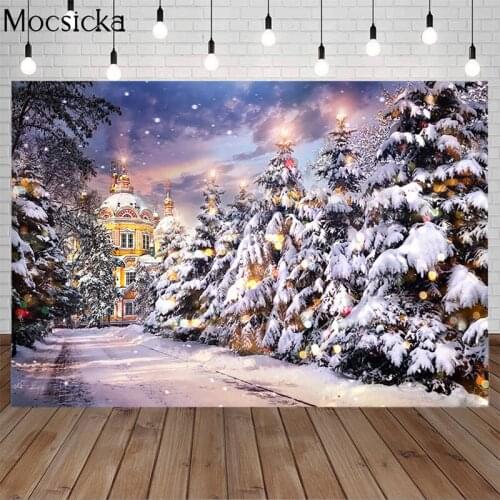 Mocsicka Winter Pine forest Sunlight Photography Background Castle Snow Backdrop Child Portrait Decoration Props Photo Studio